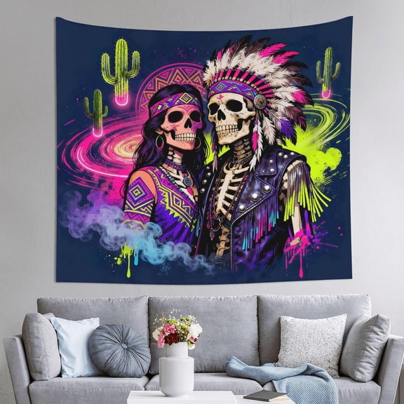 Psychedelic Neon Skeleton Couple Tapestry Wall Hanging Aztec Style Skull Lovers Fantasy Wall Art for Bedroom Dorm Living Room Boho Hippie Aesthetic 60x51 Inches