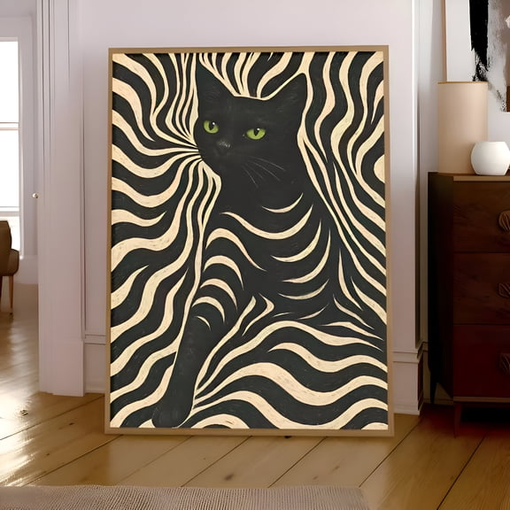 Psychedelic Optical Illusion Black Cat Wall Art Poster Green-Eyed Zebra Striped Cat Retro Art Deco Print for Bedroom Living Room Dorm Cat Lover Gift Home Decor, UNFRAMED 8x12