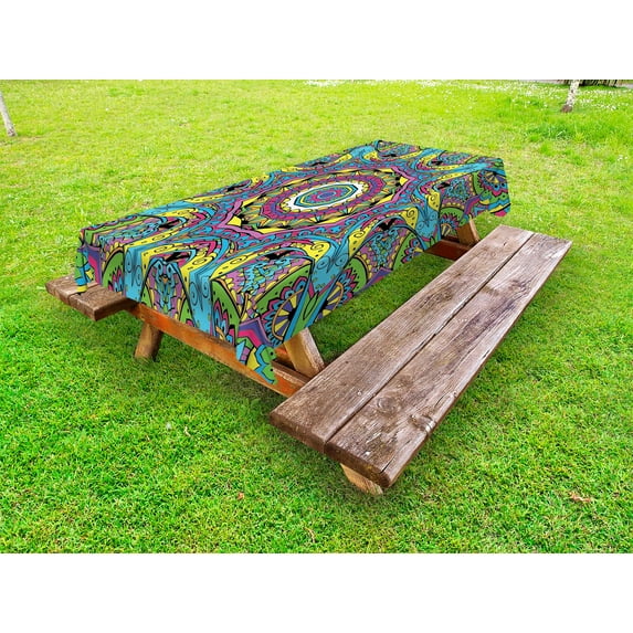 Psychedelic Outdoor Tablecloth, Abstract Unusual Figure with Color and Form Details Hippie Arabesque Retro, Decorative Washable Fabric Picnic Table Cloth, 58 X 84 Inches,Multicolor, by Ambesonne