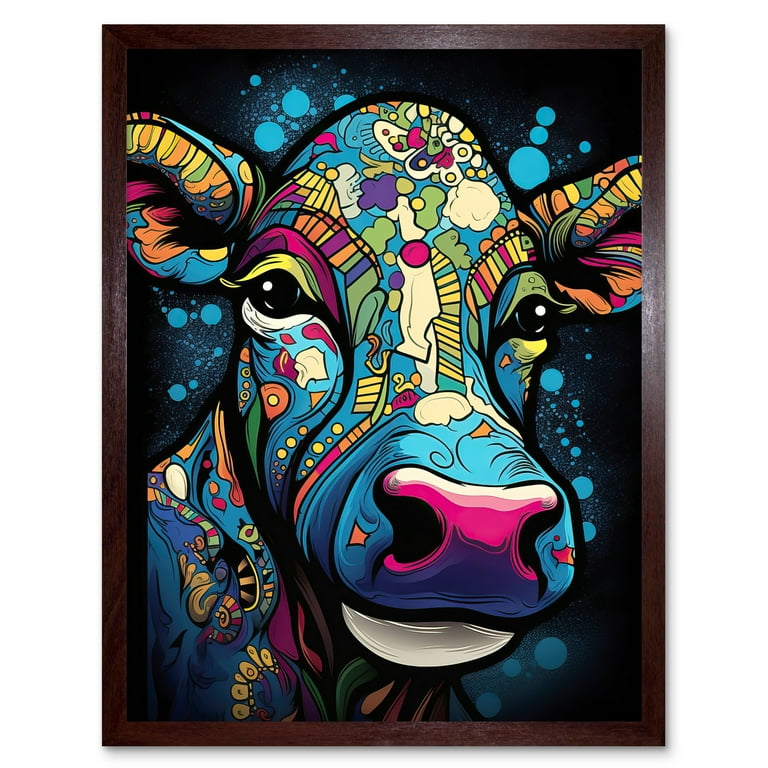 Psychedelic Pattern Cow Acrylic Painting Colourful Folk Portrait