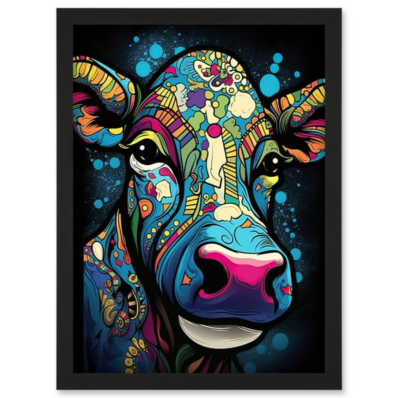 Psychedelic Pattern Cow Acrylic Painting Colourful Folk Portrait Modern Pop Art Artwork Framed Wall Art Print A4