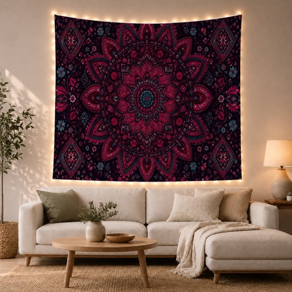 Psychedelic Peacock Mandala on Dark Background, Mystical Boho for Boho Decor Lovers, Bohemian Wall Art, Housewarming Gift Tapestry Wall Hanging for Bedroom, Living Room