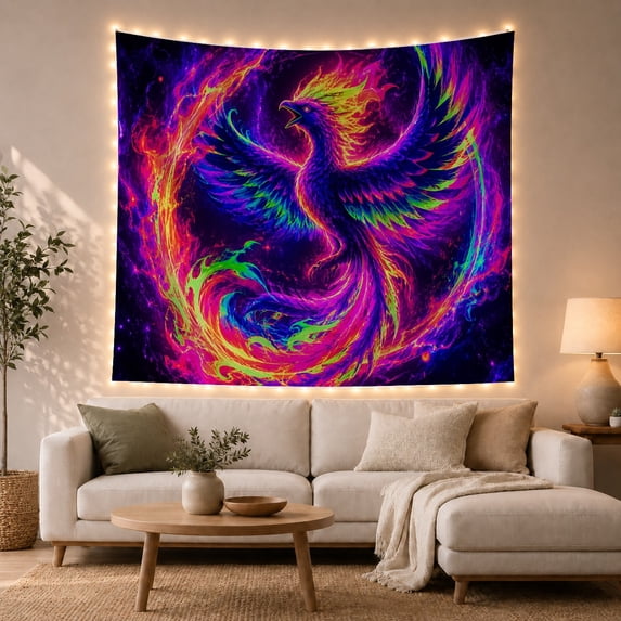 Psychedelic Phoenix in Cosmic Ring, Dramatic Fantasy for Dark Art Lovers, Mystical Wall Decor, Halloween Gift, Tapestry Wall Hanging for Bedroom and Living Room