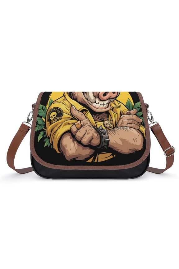 Psychedelic Pig Head Colorful Vintage Crossbody Bag for Women Medium Leather Hobo Bags Shoulder Bag Classic City Leather Satchels