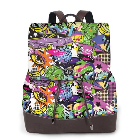 Psychedelic Pop Art Leather Backpack for Women - Abstract Neon Eyes & Retro Elements