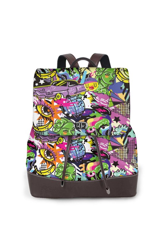 Psychedelic Pop Art Leather Backpack for Women - Abstract Neon Eyes & Retro Elements
