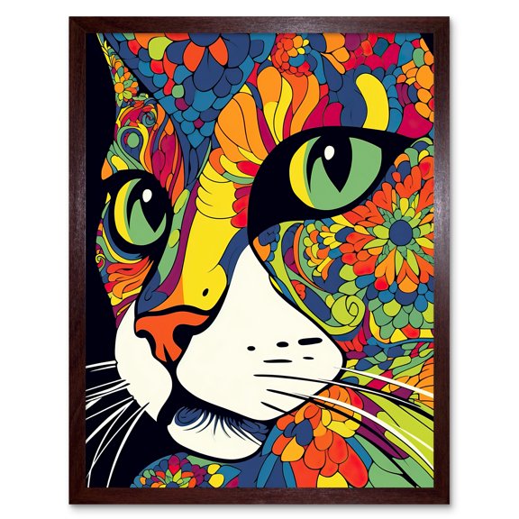 Psychedelic Portrait Cat Acrylic Painting Close Up Vivid Mandala Patterns Art Print Framed Poster Wall Decor 12x16 inch