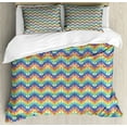 thumbnail image 1 of Psychedelic Queen Size Duvet Cover Set, Retro Style Rainbow Chevron Ornament with Tribal Native Cultural Art Motifs, Decorative 3 Piece Bedding Set with 2 Pillow Shams, Multicolor, by Ambesonne, 1 of 3