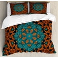 thumbnail image 1 of Psychedelic Queen Size Duvet Cover Set, Round Flowers Floral Patterns with Psychedelic Motif Boho Hippie Style Image, Decorative 3 Piece Bedding Set with 2 Pillow Shams, Teal Orange, by Ambesonne, 1 of 3