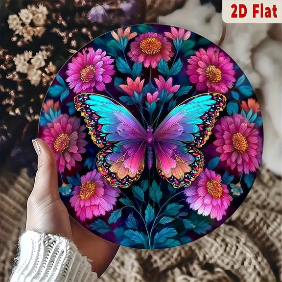 "Psychedelic Rainbow Butterfly & Neon Floral" Boho Wall Art Decor, 1pc, 8" Round Aluminum Metal Sign, Wall Decor For Kitchen, Door, Office, Coffee, Bedroom, Room, Home, Bathroom, Ideal Gifts, 2D Flat
