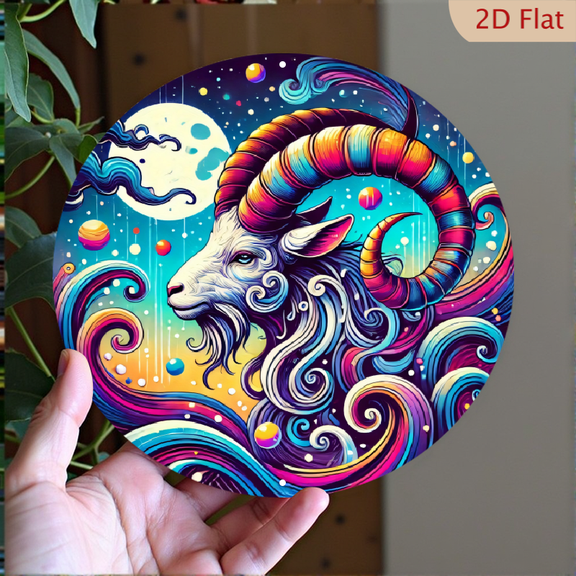 Psychedelic Ram Metal Wall Art, Vibrant Celestial Goat Illustration on Round Aluminum Plaque, Modern Cosmic Home Decor 8x8 Inch Wall Hanging Sign