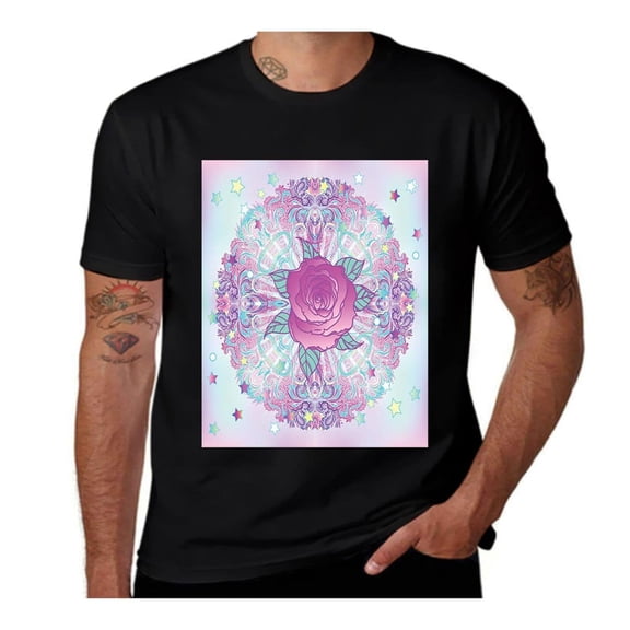 Psychedelic Rose Mandala-Indie-Pale Blue-Lavender- Casual Streetwea Everyday Tshirt Comfortable Wear tee shirt