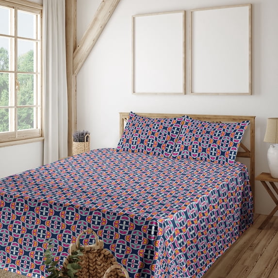 Ambesonne Psychedelic Fitted & Flat Sheet with Sham 3 Pcs Set, Trippy Blossoming Boho, Twin, Dark Lavender Hot Pink
