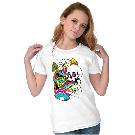 Psychedelic Shroom Skull Flowers Womens Slim Fit Graphic Tee Brisco Brands L