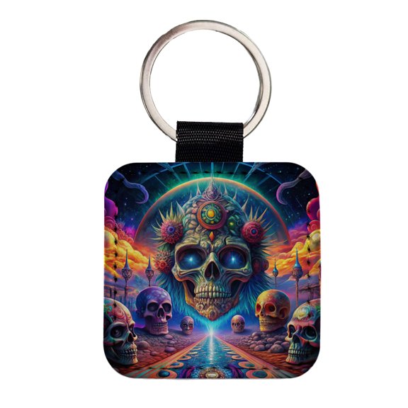 Psychedelic Skulls Design Faux Leather Square Keychain