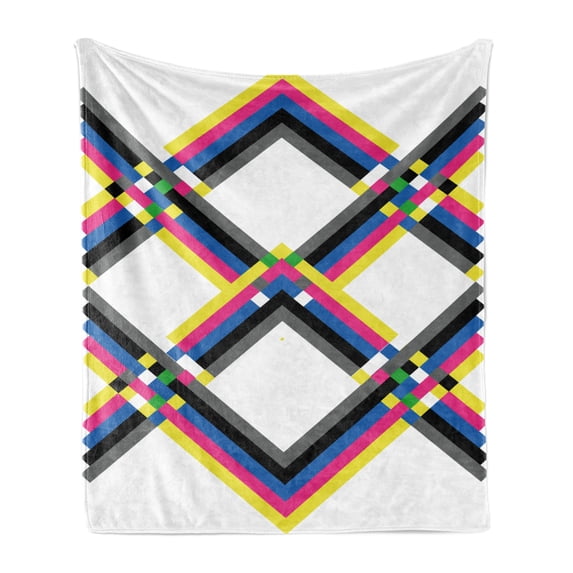 Psychedelic Soft Flannel Fleece Blanket, Geometric Composition with Colorful Zigzag Chevron Lines Squares Digital Grid, Cozy Plush for Indoor and Outdoor Use, 70" x 90", Multicolor, by Ambesonne