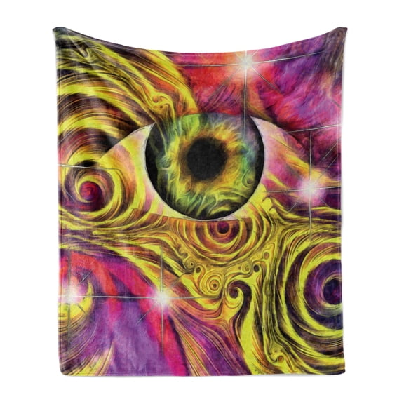 Psychedelic Soft Flannel Fleece Blanket, Hippie Hallucinatory Eye in Vivid Colors with Optical Swirl Lines Graphic, Cozy Plush for Indoor and Outdoor Use, 50" x 60", Fuchsia Yellow, by Ambesonne