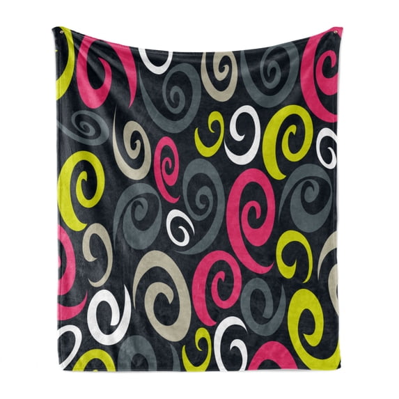 Psychedelic Soft Flannel Fleece Blanket, Vintage Sixties Inspired Swirls on Dark Toned Background Modern Abstract Image, Cozy Plush for Indoor and Outdoor Use, 50" x 70", Multicolor, by Ambesonne