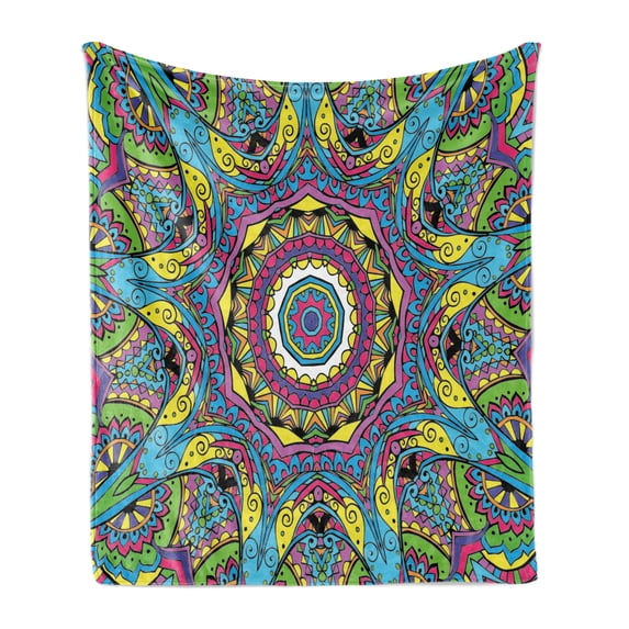 Psychedelic Soft Flannel Fleece Throw Blanket, Abstract Unusual with Color and Form Details Hippie Retro, Cozy Plush for Indoor and Outdoor Use, 50" x 60", Multicolor, by Ambesonne
