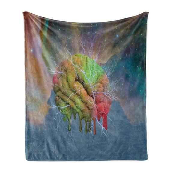 Psychedelic Soft Flannel Fleece Throw Blanket, Brain Storm Fantasy Visual Modern Mental Ethereal Energy Fiction, Cozy Plush for Indoor and Outdoor Use, 70" x 90", Blue Pistachio, by Ambesonne
