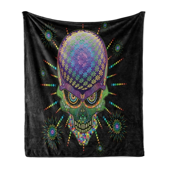 Psychedelic Soft Flannel Fleece Throw Blanket, Digital Mexican Sugar Skull Ceremony Halloween Ornate Effects Design, Cozy Plush for Indoor and Outdoor Use, 60" x 80", Multicolor, by Ambesonne