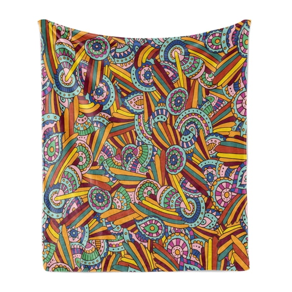 Psychedelic Soft Flannel Fleece Throw Blanket, Funky and Hippie Composition with Abstract Folkloric Elements, Cozy Plush for Indoor and Outdoor Use, 70" x 90", Multicolor, by Ambesonne