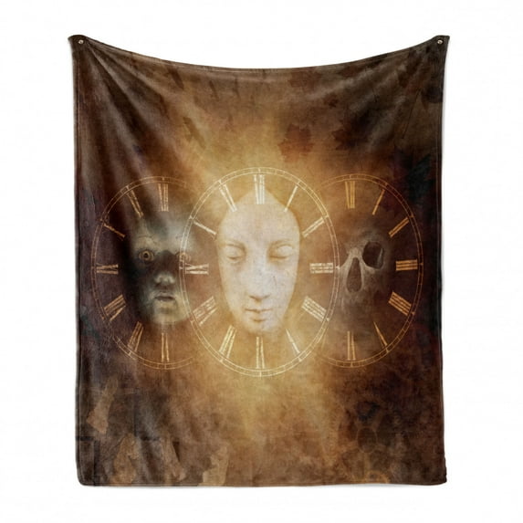 Psychedelic Soft Flannel Fleece Throw Blanket, Gothic Spooky Birth Life Death and Skull Baby Face Artwork Design, Cozy Plush for Indoor and Outdoor Use, 60" x 80", Tan Yellow, by Ambesonne