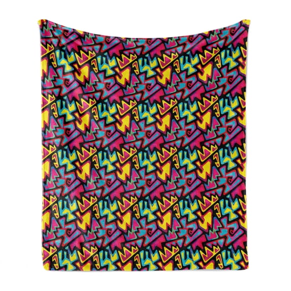 Psychedelic Soft Flannel Fleece Throw Blanket, Grunge Graffiti Inspired Pattern of Colorful Shapes on Dark Toned Background, Cozy Plush for Indoor and Outdoor Use, 50" x 60", Multicolor, by Ambesonne