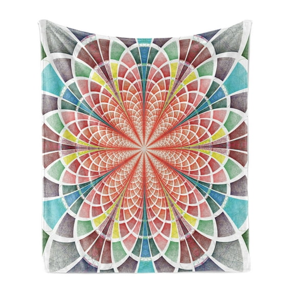Psychedelic Soft Flannel Fleece Throw Blanket, Hand Sketch Geometric Artwork Blooming Flower Abstraction with Many Colors, Cozy Plush for Indoor and Outdoor Use, 60" x 80", Multicolor, by Ambesonne