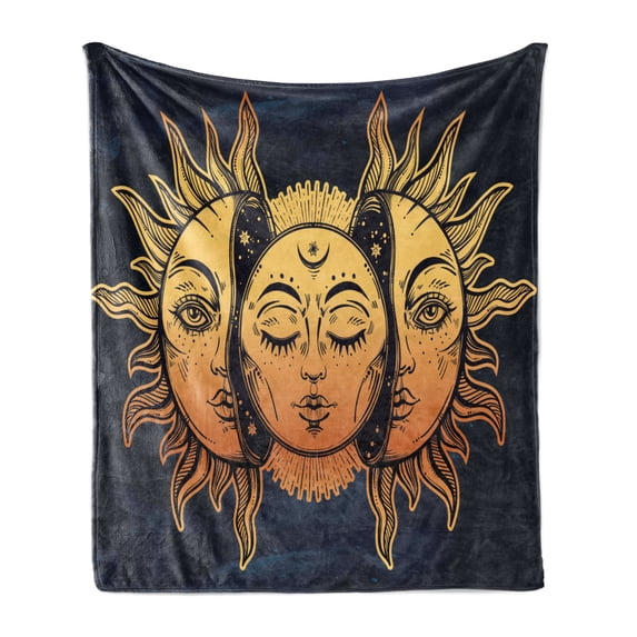 Psychedelic Soft Flannel Fleece Throw Blanket, Moon and Sun with Many Fractal Faces Celestial Energy Mystic Art Print, Cozy Plush for Indoor and Outdoor Use, 50" x 70", Yellow Dark Blue, by Ambesonne