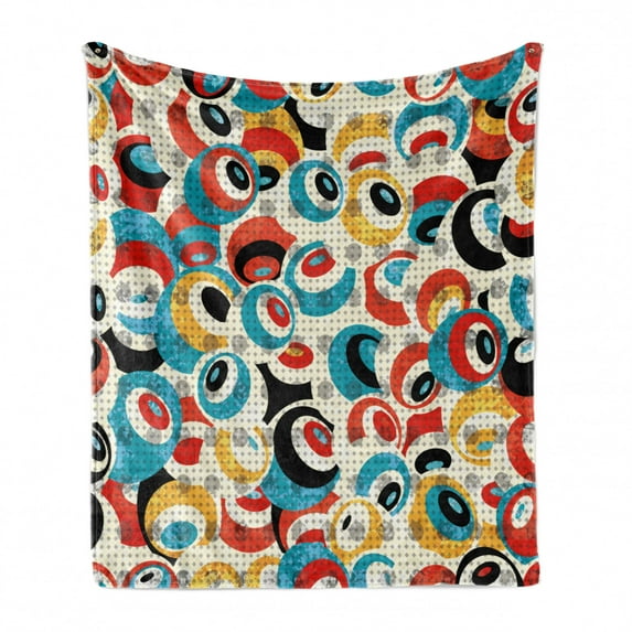 Psychedelic Soft Flannel Fleece Throw Blanket, Retro Theme Circle Pattern Evil Eyes Design Techno Trance Design Art Print, Cozy Plush for Indoor and Outdoor Use, 50" x 70", Multicolor, by Ambesonne