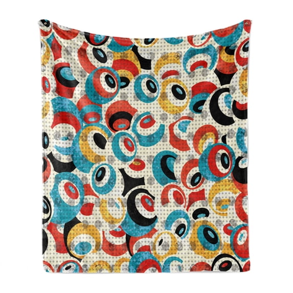 Psychedelic Soft Flannel Fleece Throw Blanket, Retro Theme Circle Pattern Evil Eyes Design Techno Trance Design Art Print, Cozy Plush for Indoor and Outdoor Use, 60" x 80", Multicolor, by Ambesonne