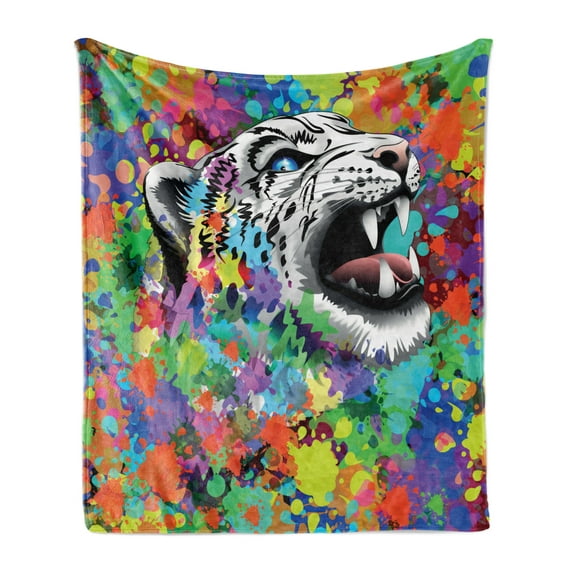 Psychedelic Soft Flannel Fleece Throw Blanket, Roaring Leopard in Watercolors with Brush Stroke Effects Animal Picture, Cozy Plush for Indoor and Outdoor Use, 50" x 60", Multicolor, by Ambesonne