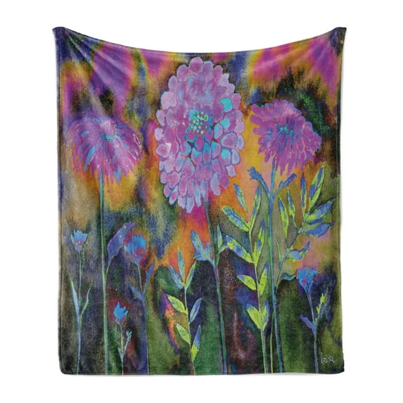 Psychedelic Soft Flannel Fleece Throw Blanket, Sixties Grunge Marigold Blossom Watercolor Effect Fantasy Garden Art Design, Cozy Plush for Indoor and Outdoor Use, 50" x 60", Multicolor, by Ambesonne