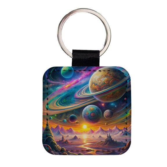 Psychedelic Solar System Space Design Faux Leather Square Keychain