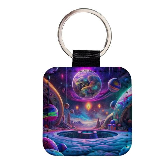 Psychedelic Space Planets Design Faux Leather Square Keychain