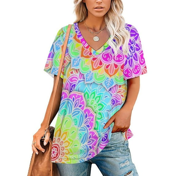 Psychedelic Summer Lotus Leaf Neck T-Shirt Long Sleeve Women'S T Shirt Elegant Fashion Tops & Tees Floral Neon Bright Colorful