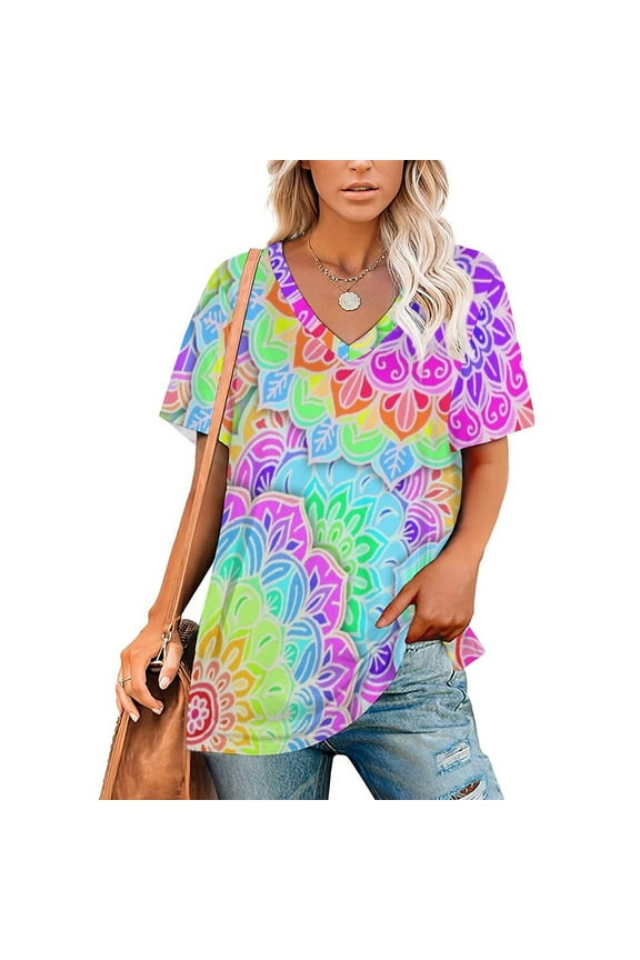 Psychedelic Summer Lotus Leaf Neck T-Shirt Long Sleeve Women'S T Shirt Elegant Fashion Tops & Tees Floral Neon Bright Colorful