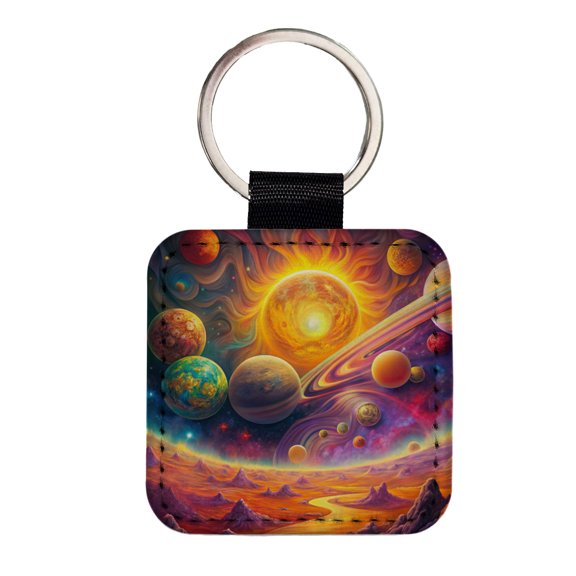 Psychedelic Sun And Planets Solar System Faux Leather Square Keychain