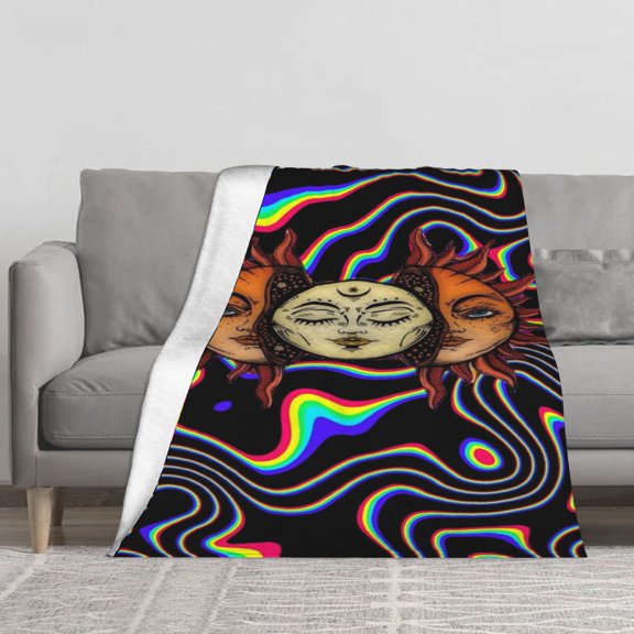 Psychedelic Sun and Moon Flannel Blanket, Trippy Rainbow Swirl Aesthetic 280g Soft Plush Throw, Mystic Celestial Art Cozy Fleece Blanket for Couch Sofa Bed Living Room Home Decor.