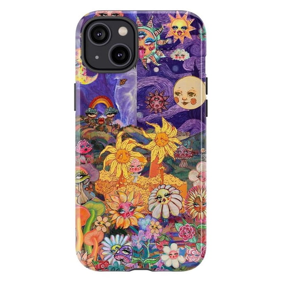 Psychedelic Sun and Moon Phone Case, Colorful Fantasy Floral and Cosmic Design, Artistic Protective Cover for iPhone 16 15 14 13 12 11 Pro Plus Max Mini