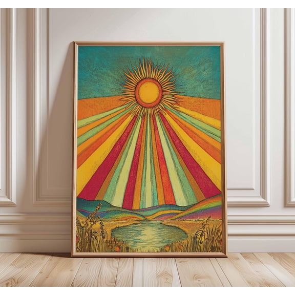 Psychedelic Sun Poster Retro Rainbow Wall Art Print Colorful Landscape Decor Trippy Sunshi