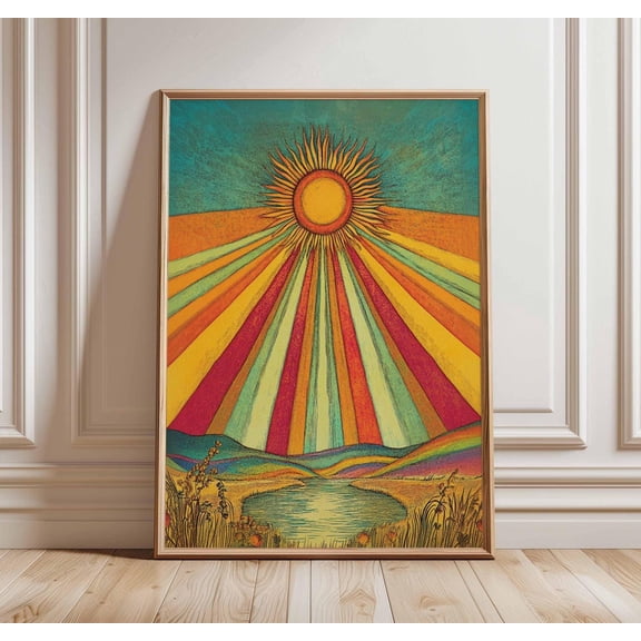Psychedelic Sun Retro Rainbow Colorful Vintage Landscape Trippy Sunshine Illustration, Unframed Poster