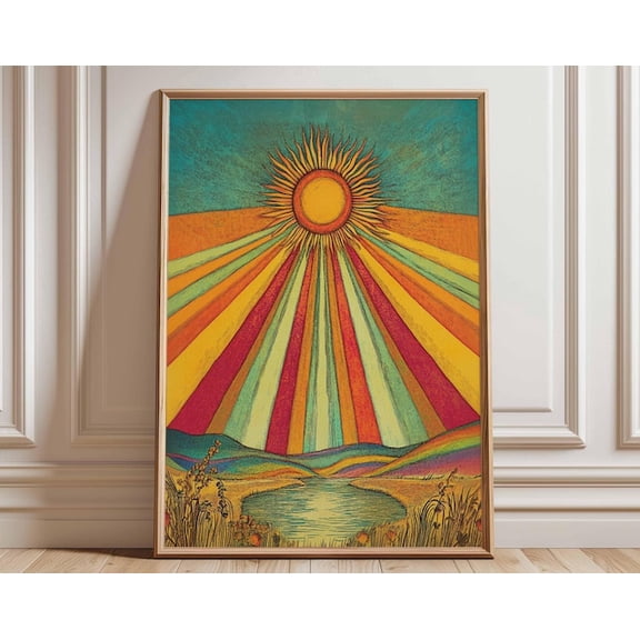Psychedelic Sun Retro Rainbow Wall Art Print, Unframed Paper Poster 8x10in