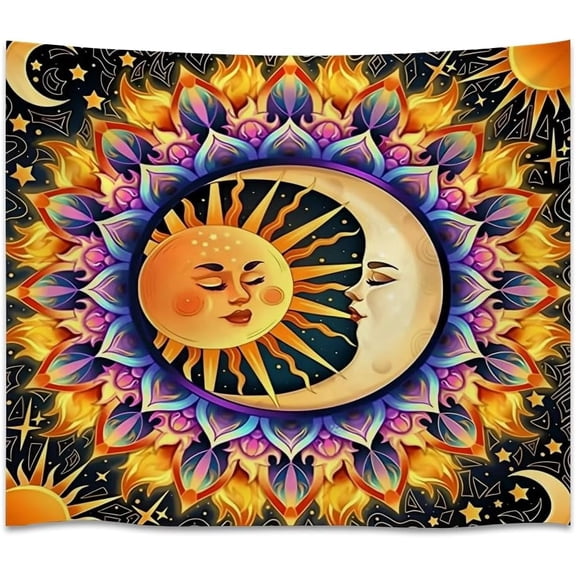 Psychedelic Sun and Moon Tapestry Colorful Celestial Mandala Wall Hanging Trippy Cosmic Art Boho Hippie Home Decor 30x40 Inch