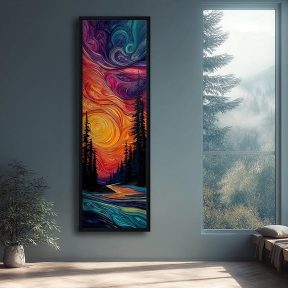 Psychedelic Swirl Sunset Glass Wall Art, Vibrant River Landscape Print, Trippy Forest Vertical Decor, Multicolor Abstract Glass Panel Poster Decor, Size 24x36 UNFFRAMED F03.1.8l1625