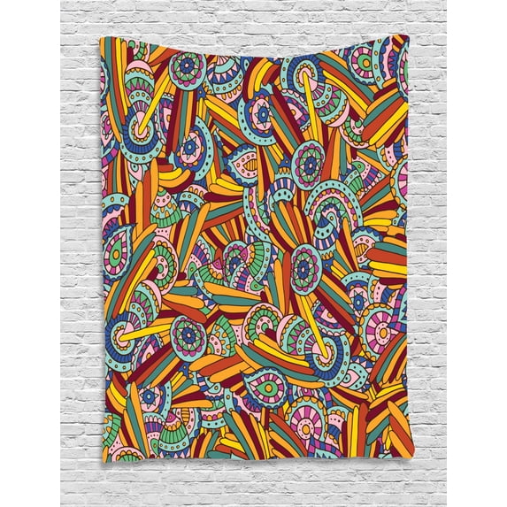 Psychedelic Tapestry, Funky and Hippie Composition with Abstract Ethnic Folkloric Elements Artistic, Wall Hanging for Bedroom Living Room Dorm Decor, 60W X 80L Inches, Multicolor, by Ambesonne