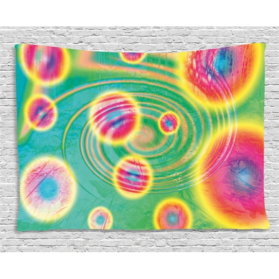 Psychedelic Tapestry, Outer Space Theme Retro Dreamy Hippie Style Reflection in Water Dizzy Spell, Wall Hanging for Bedroom Living Room Dorm Decor, 60W X 40L Inches, Green Yellow, by Ambesonne