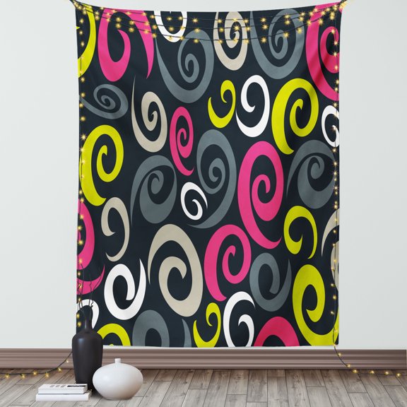 Psychedelic Tapestry, Vintage Sixties Inspired Swirls on Dark Toned Background Modern Abstract Image, Wall Hanging for Bedroom Living Room Dorm Decor, 40W X 60L Inches, Multicolor, by Ambesonne