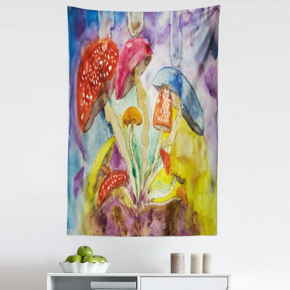 Psychedelic Tapestry, Watercolor Style Mushrooms Dreamy Grungy Style Enchanted Forest Theme, Fabric Wall Hanging Decor for Bedroom Living Room Dorm, 5 Sizes, Multicolor, by Ambesonne
